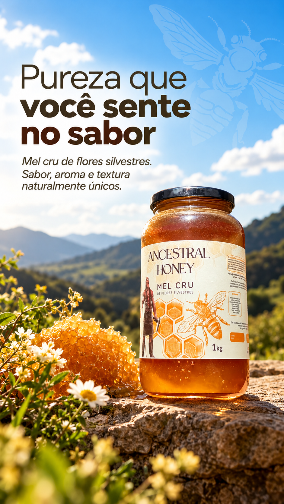 Pote de Ancestral Honey Mel Cru de 1kg ao lado de um favo e flores silvestres, com a frase Pureza que você sente no sabor